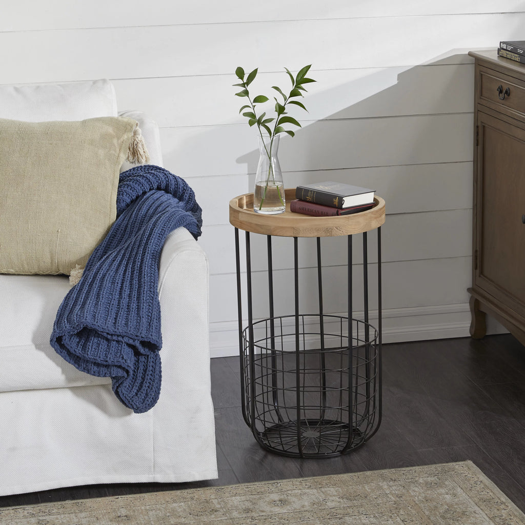 16" x 26" Black Metal Accent Table with Brown Wood Top and Wire Basket Storage P1203