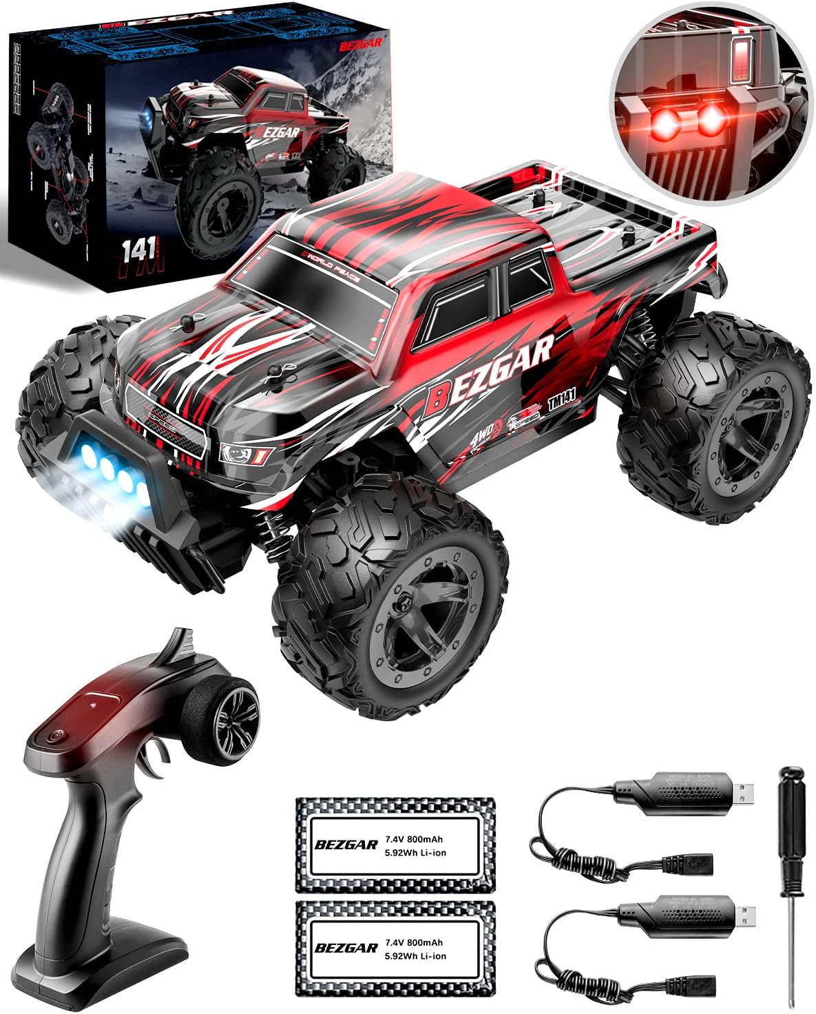 RC Cars 1:14 Scale Remote Control Car, 4WD Top Speed 25 Km/h Electric Toy Off Road RC Car Truck Crawler with Two Rechargeable Batteries T73414