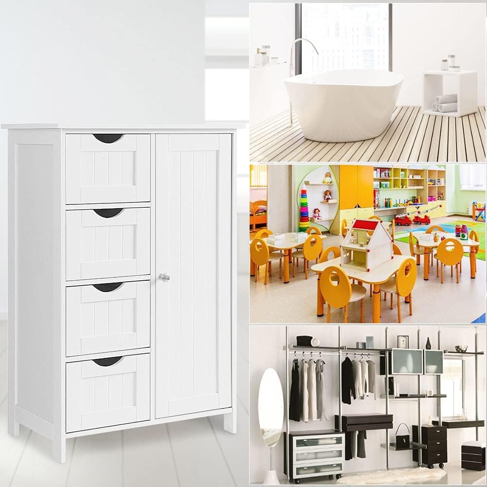 White Wooden Floor Storage Cabinet with 1 Door & 4 Drawer Y1547