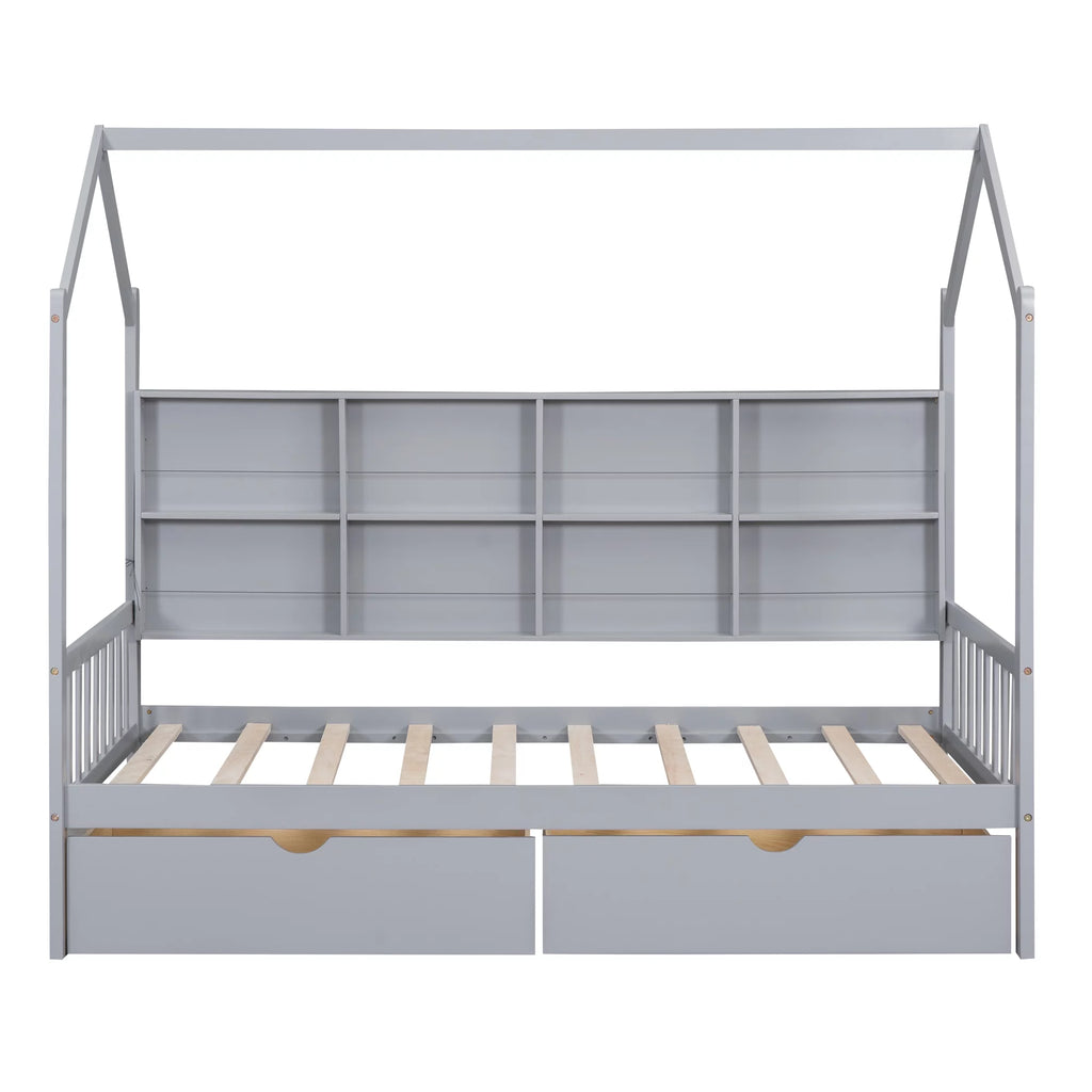 Wooden Twin Size House Bed with 2 Drawers and Storage Shelf Z461