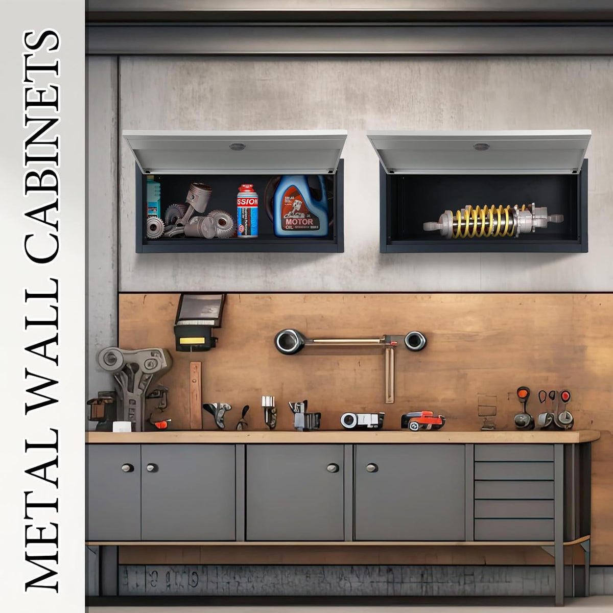 2 Pcs Metal Wall Mounted Lockable Storage Cabinet with Up Flip Door W4803