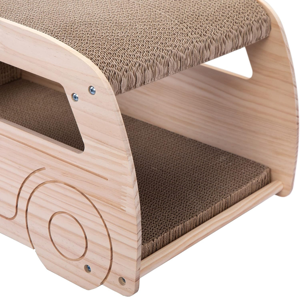 2-in-1 Wood Corrugated Cat Scratcher, Natural Pine Board, Durable Cardboard J231313