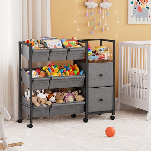 Kids Toy Organizers and Storage Bins, 7 Storage Bins, 2 Fabric Drawers, 1 Bookshelf, Black M2381