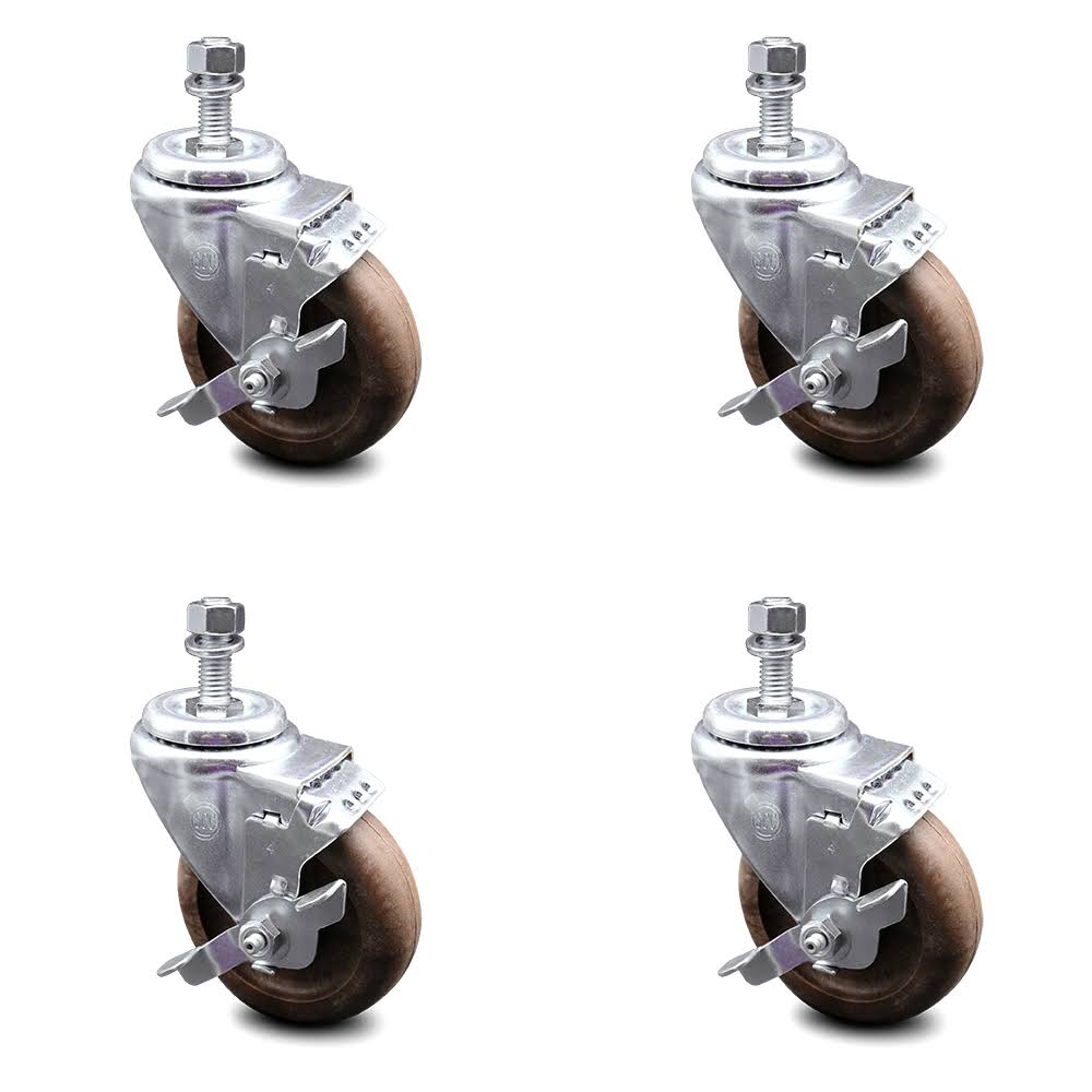 4 inch High Temp Glass Filled Nylon Threaded Stem Caster Set with Brake W102492