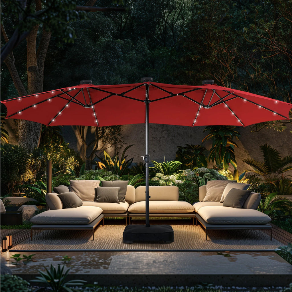 15ft Double-Sided Patio Umbrella with Solar Lights & Base X90513