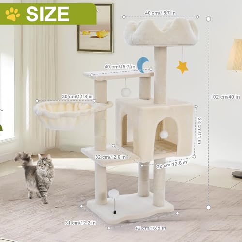 White 40'' Cat Tree Tower with Scratching Post P478313