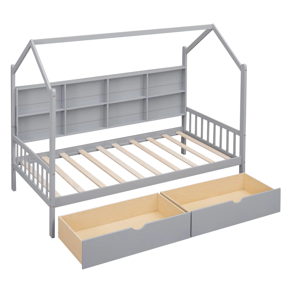 Wooden Twin Size House Bed with 2 Drawers and Storage Shelf Z461