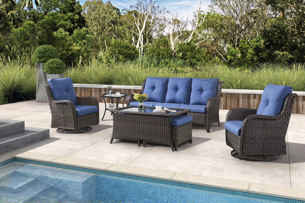 Blue 7 Pcs Outdoor Rattan Patio Furniture Set with Cushion J34636