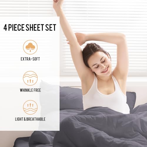 Queen Size 4 Piece Cooling Sheet Set with Deep Pocket Fitted Sheet, Dark Gray U67104