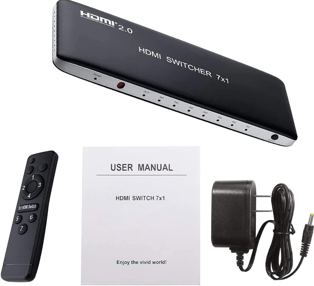 HDMI Switch 7 Port Box with IR Remote Control HDMI 2.0 HDCP 2.2 Support 4K@60Hz 3D Power Adapter Pack of 2 Q208