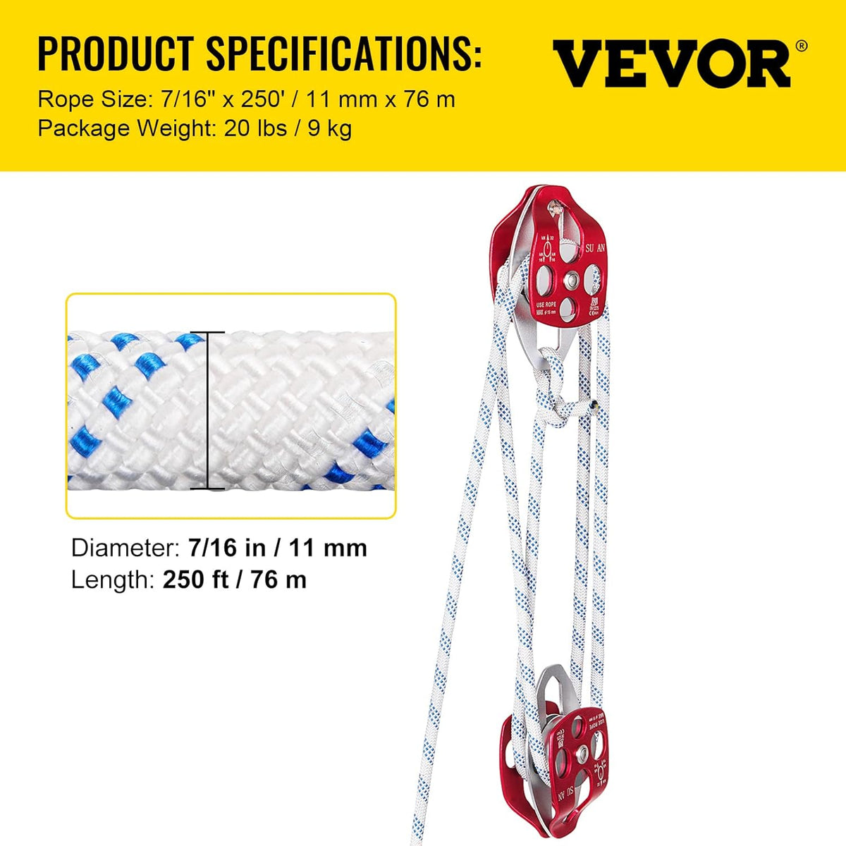 Twin Sheave Block and Tackle with Braid Rope Double Pulley Rigging G79396