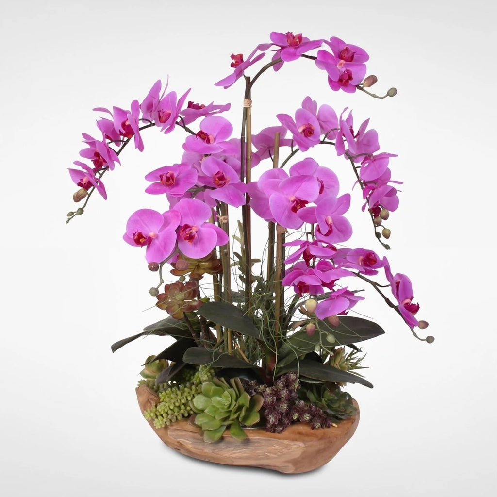 Real Touch 7-stems Silk Orchids in Natural Wood Bowl D38464