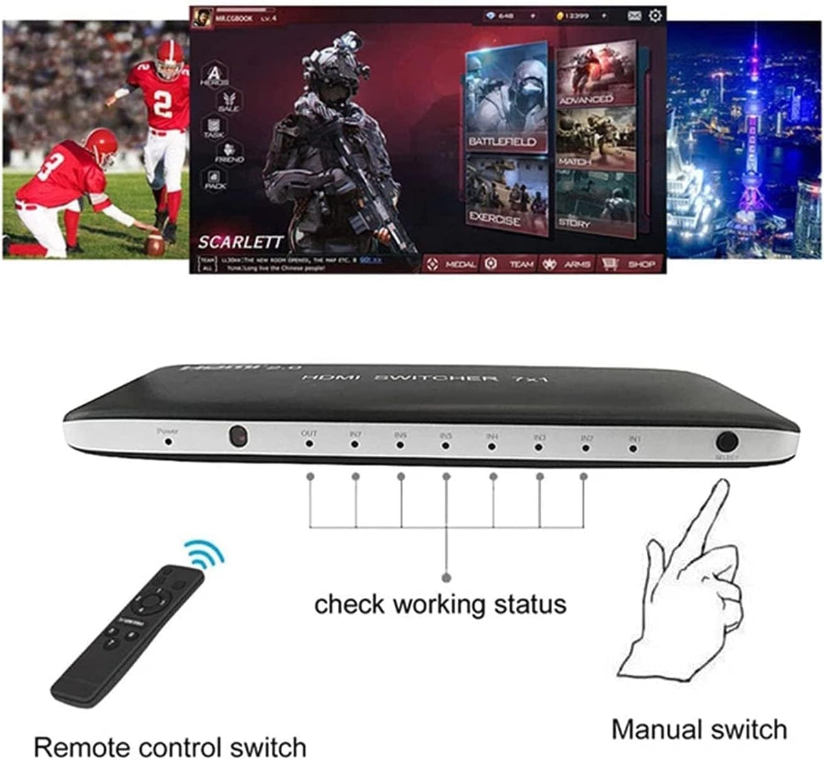 HDMI Switch 7 Port Box with IR Remote Control HDMI 2.0 HDCP 2.2 Support 4K@60Hz 3D Power Adapter Pack of 2 Q208