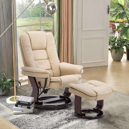 Beige Leather Swivel Recliner Chair with Ottoman J518