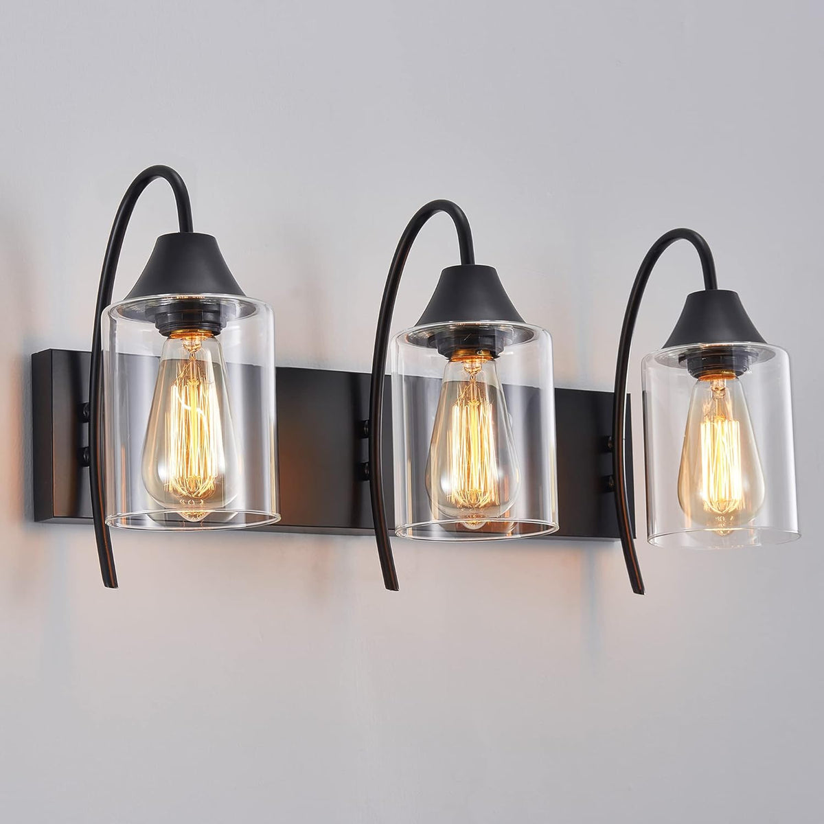3-Light Matte Black Bathroom Vanity Light with Clear Glass Shades V3481