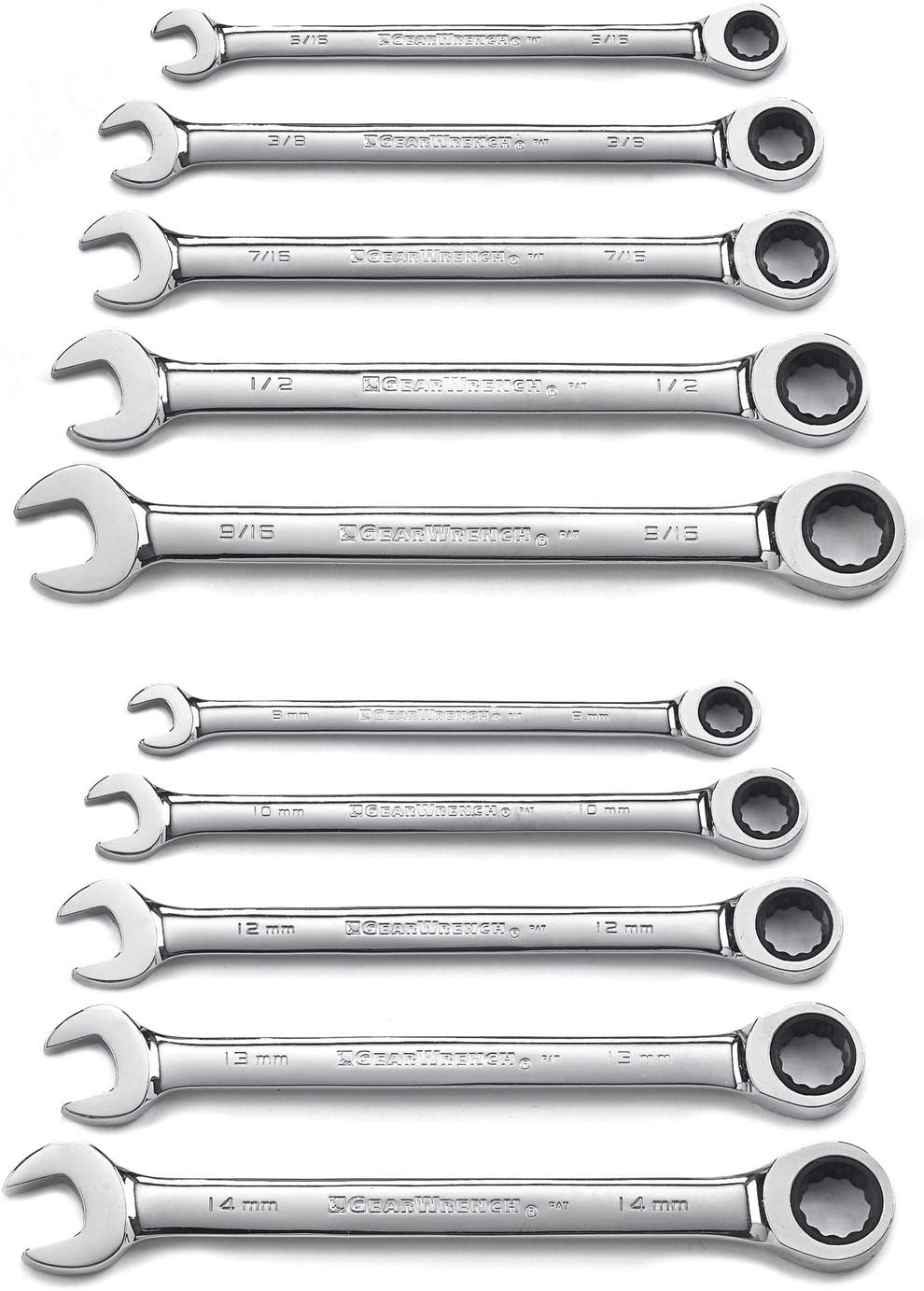 Ratcheting Combination SAE/Metric Wrench Set 10 Pc., 12 Point C74039