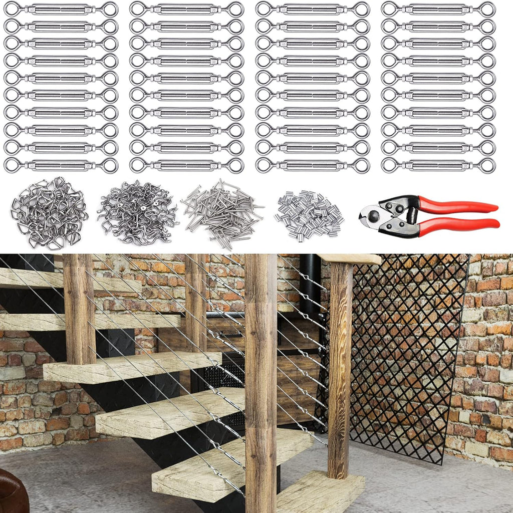 5Set 1/8 Cable Railing Kit Hardware Turnbuckle M5 Eye to Eye and 165' Wire Rope for Wood Post Stainless Steel Angle Adjustable 5 Cable Lines A581831