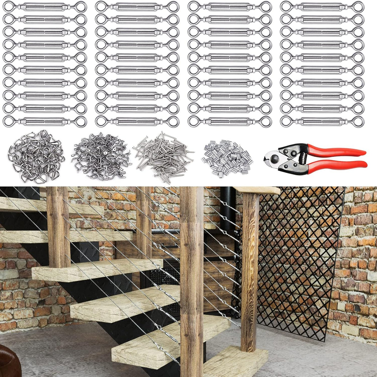 5Set 1/8 Cable Railing Kit Hardware Turnbuckle M5 Eye to Eye and 165' Wire Rope for Wood Post Stainless Steel Angle Adjustable 5 Cable Lines A581831