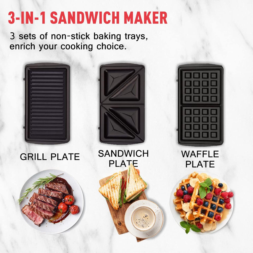 Black 3-in-1 Sandwich Maker and Waffle Iron with Non-stick Plate A9676