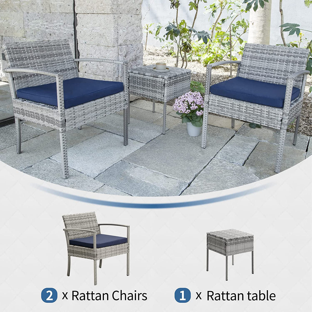 3 Pieces Wicker Patio Furniture Set with Glass Coffee Table T719752
