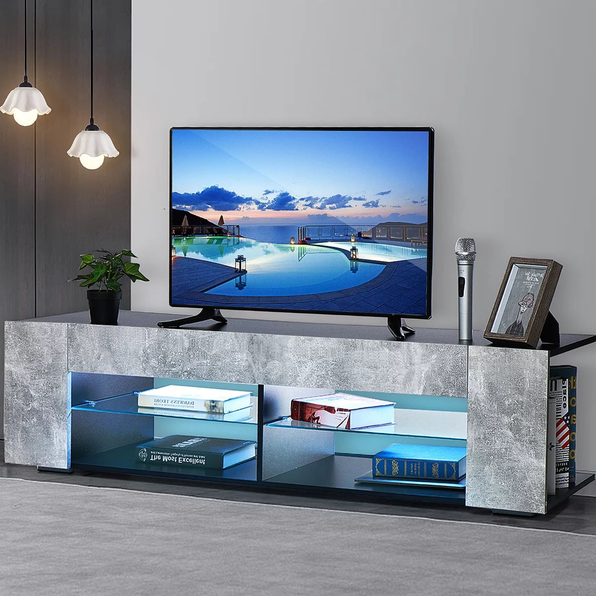 LED TV Stand with Side Bookshelf and 4 Open Shelves L621