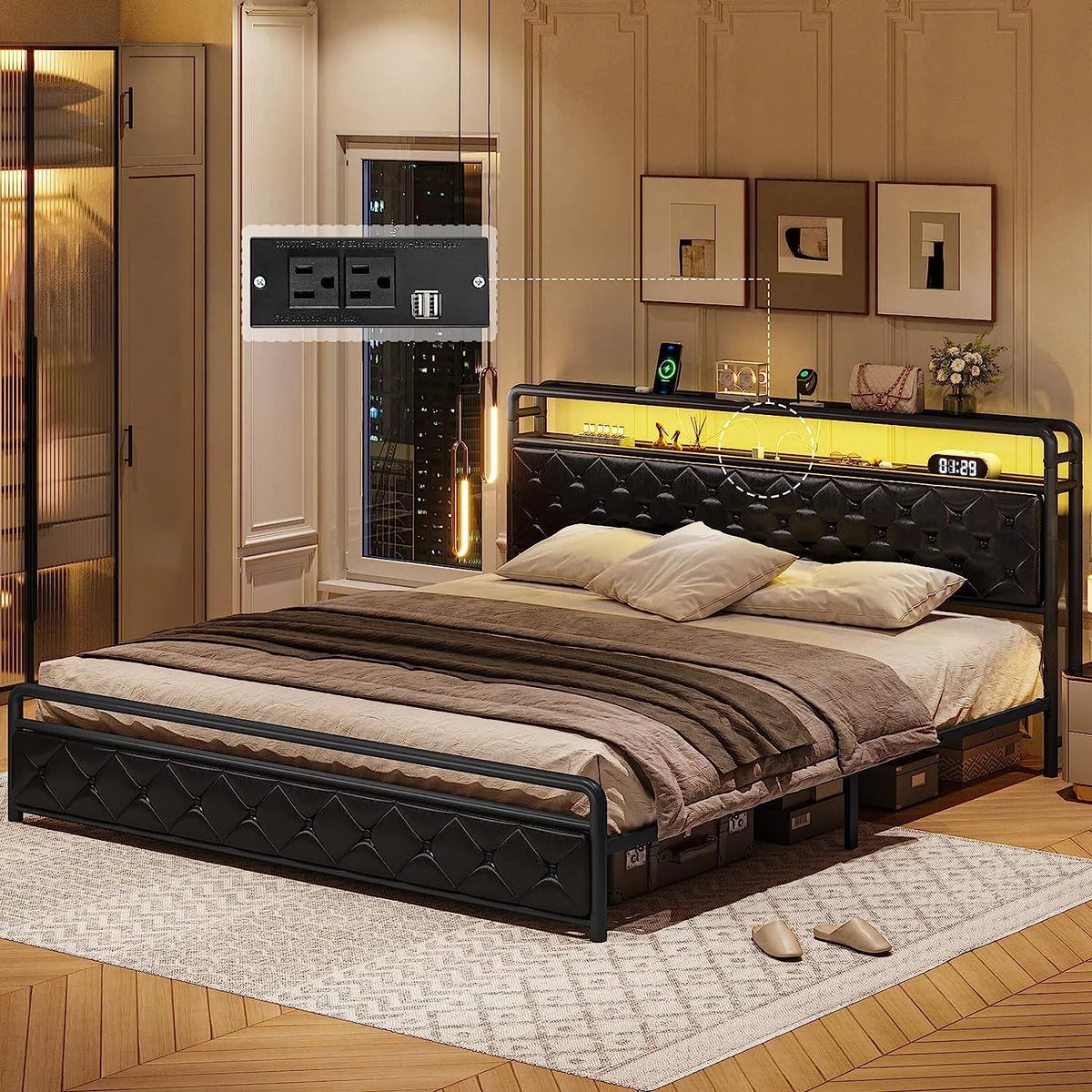 King Size Faux Leather Upholstered Platform Bed with LED Headboard K923