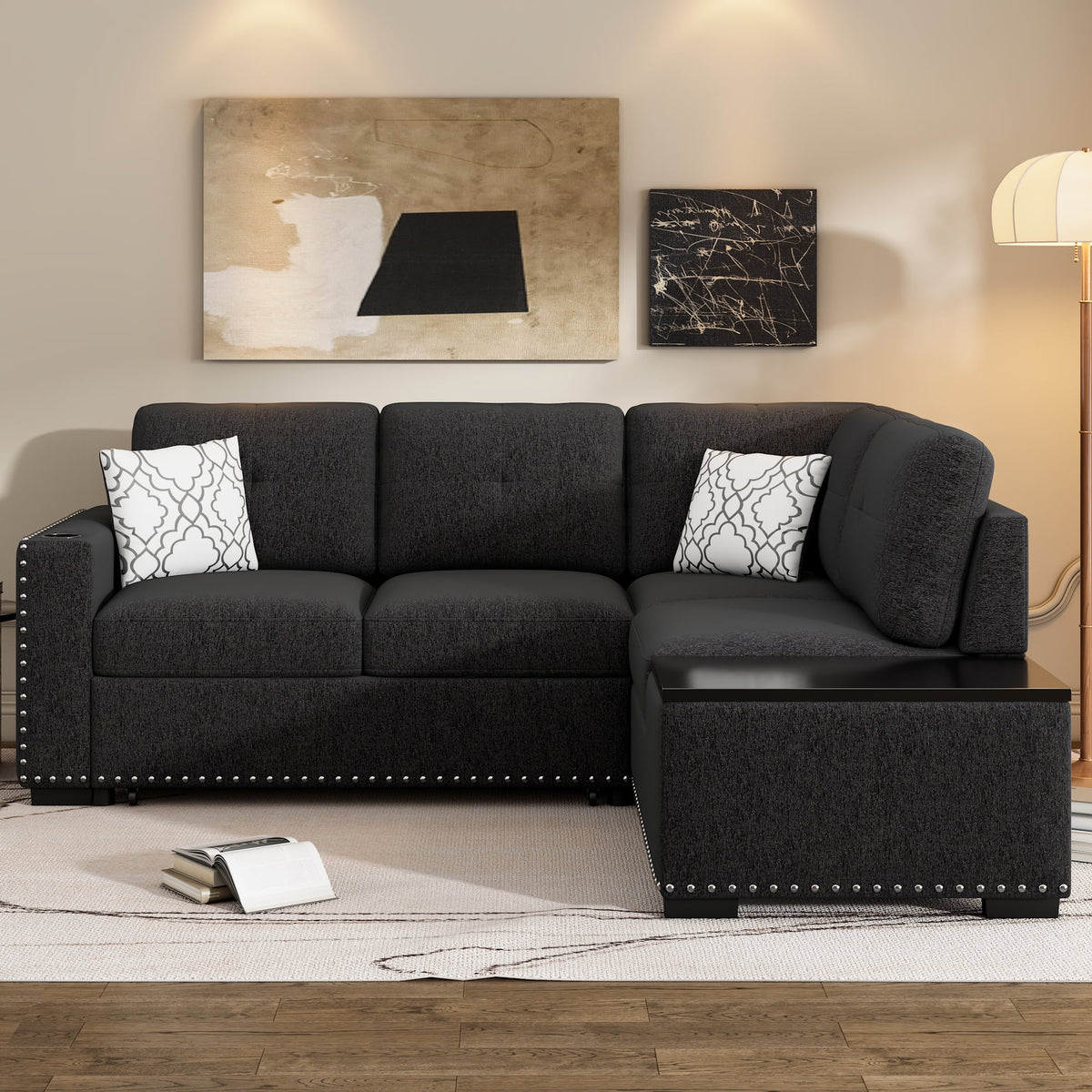 Black Reversible Pull-Out Sectional Sofa Bed with Storage Chaise I132