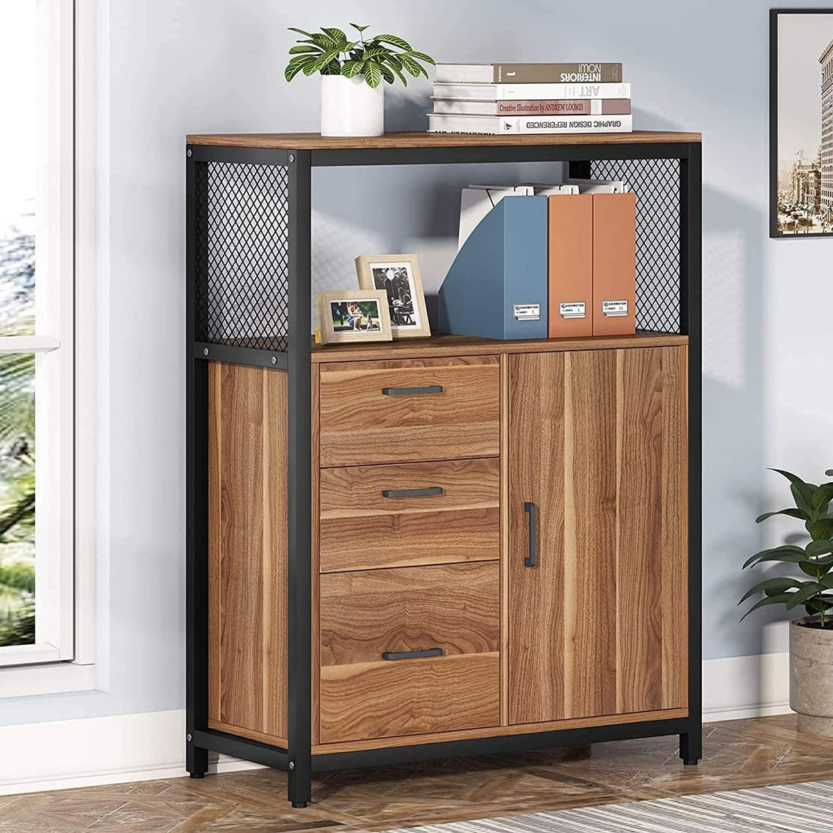 3 Drawer Lateral File Cabinet with Open Shelves B705578