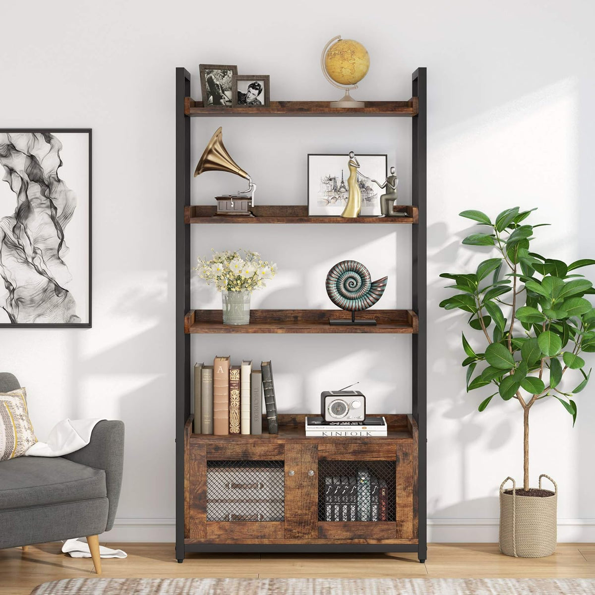 4-Tier Tall Bookshelf with 2 Storage Cabinets C5978