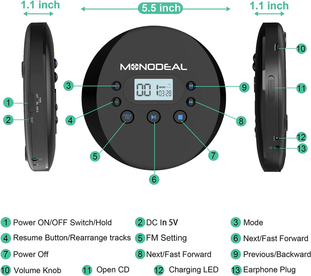 Portable CD Player with FM Transmitter, Anti-Skip Protection, Headphones, Pack of 2 D417