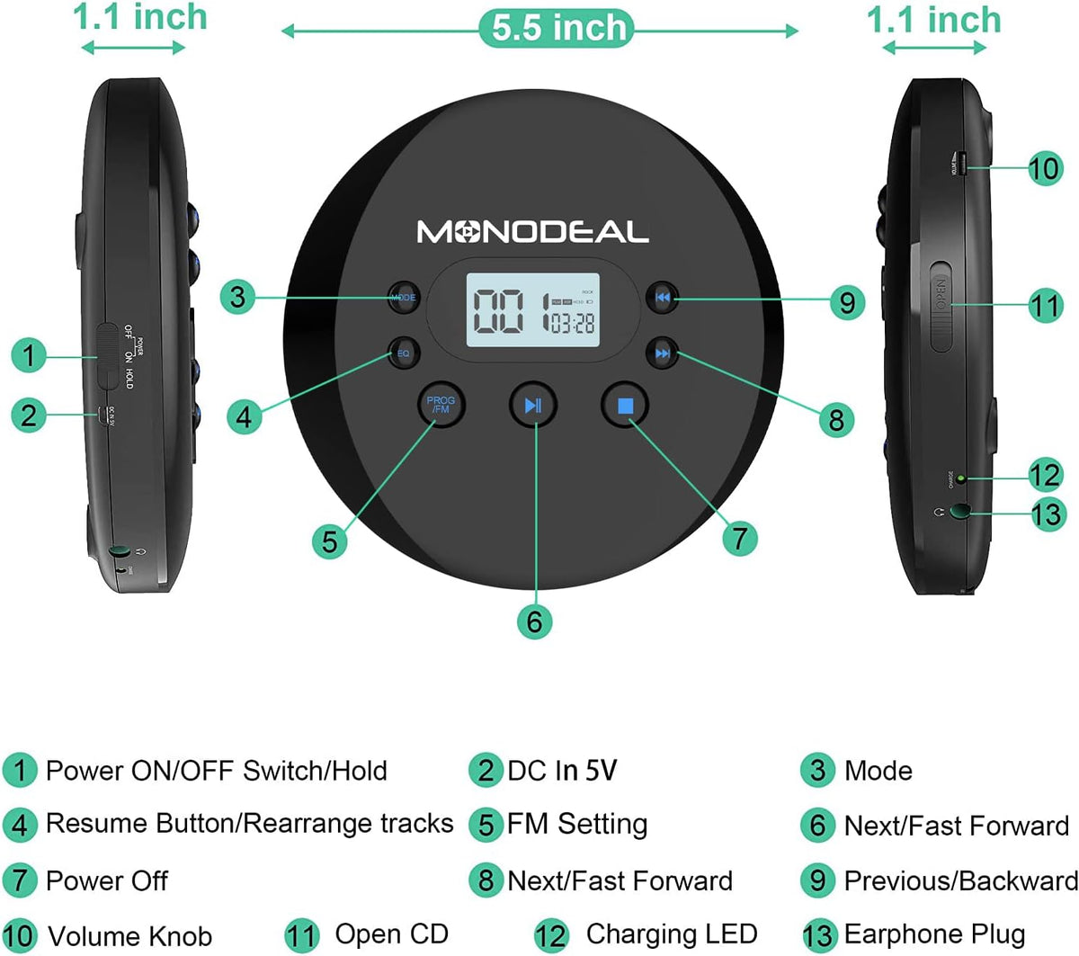 Portable CD Player with FM Transmitter, Anti-Skip Protection, Headphones, Pack of 2 D417
