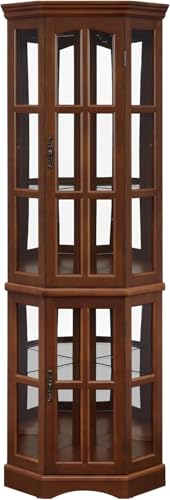 Lighted Corner Curio Cabinet with 4 Adjustable Shelves, Mirrored Back Panel, 4 Tempered Doors, 23.75"×11.75"×70", Cherry H636