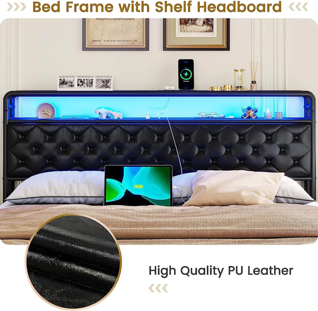 King Size Faux Leather Upholstered Platform Bed with LED Headboard K923