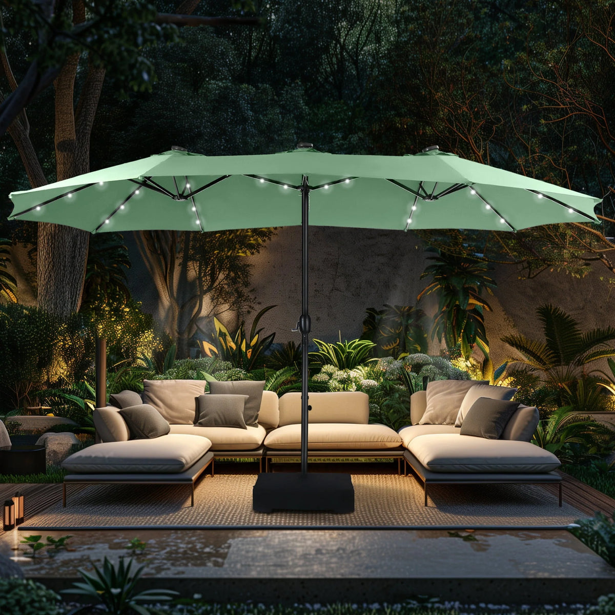 15ft Double-Sided Patio Umbrella with Solar Lights & Base X90513