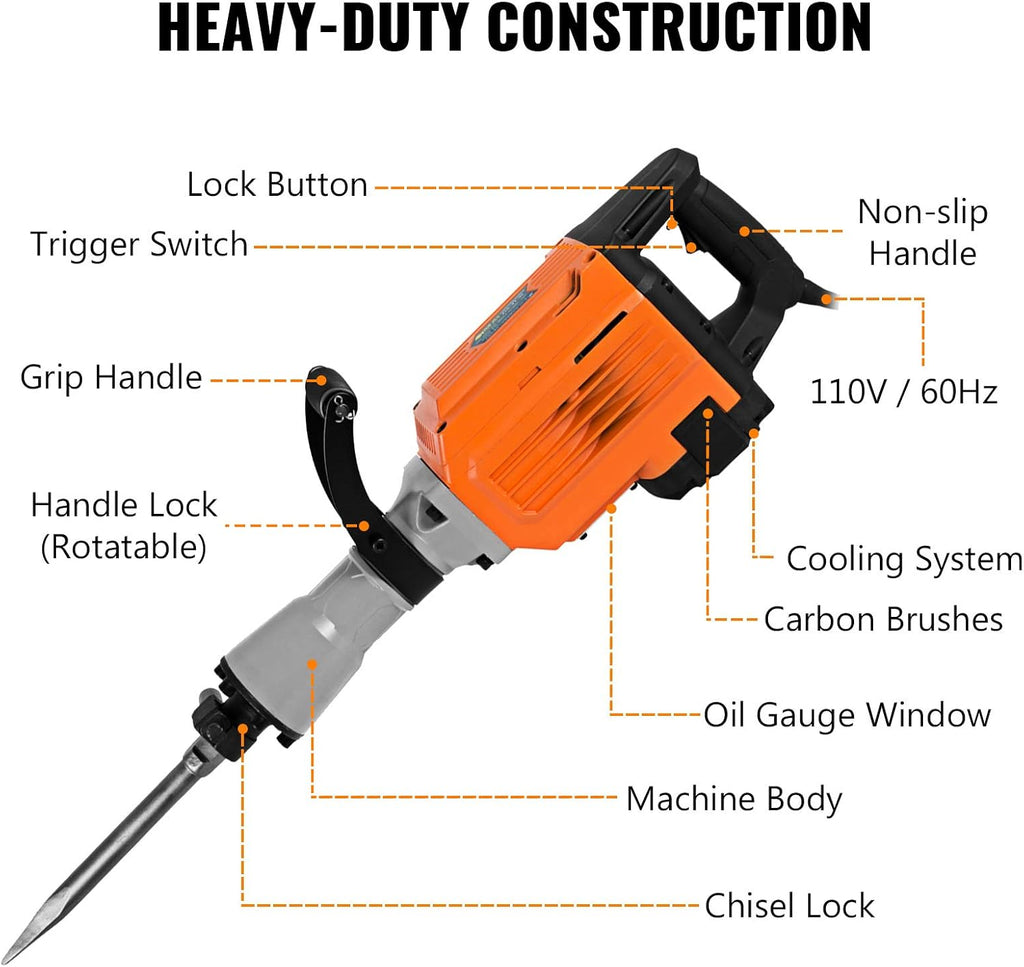 3500W Electric Demolition Hammer Concrete Breaker with Flat Chisel Bull Point Chisel M54800