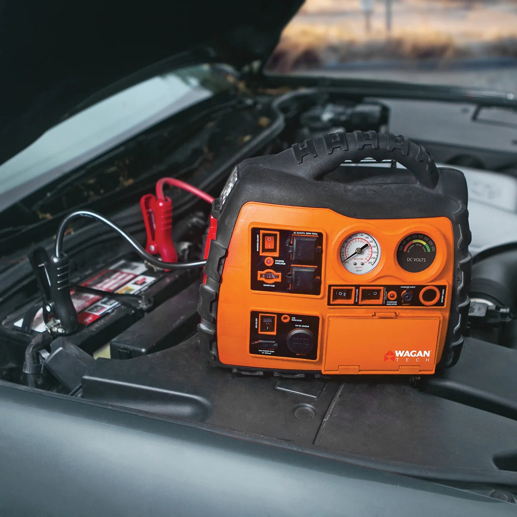 12-Volt Jump Starter, Air Compressor, Radio, USB Charger, and Inverter A86259