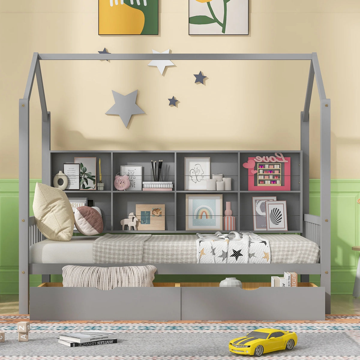 Wooden Twin Size House Bed with 2 Drawers and Storage Shelf Z461