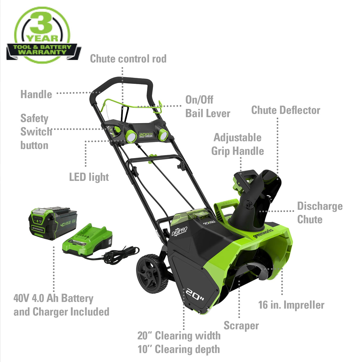 40V 20-inch Cordless Brushless Snow Blower with Battery and Charger W733704