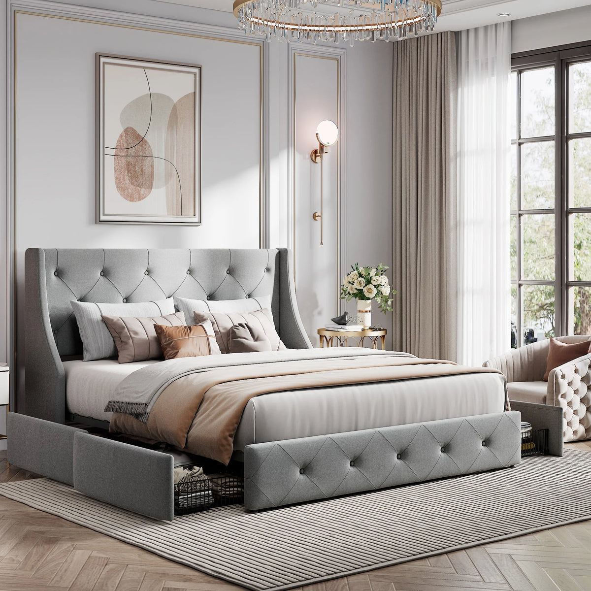 Queen Size Platform Bed Frame with 4 Storage Drawers O795045