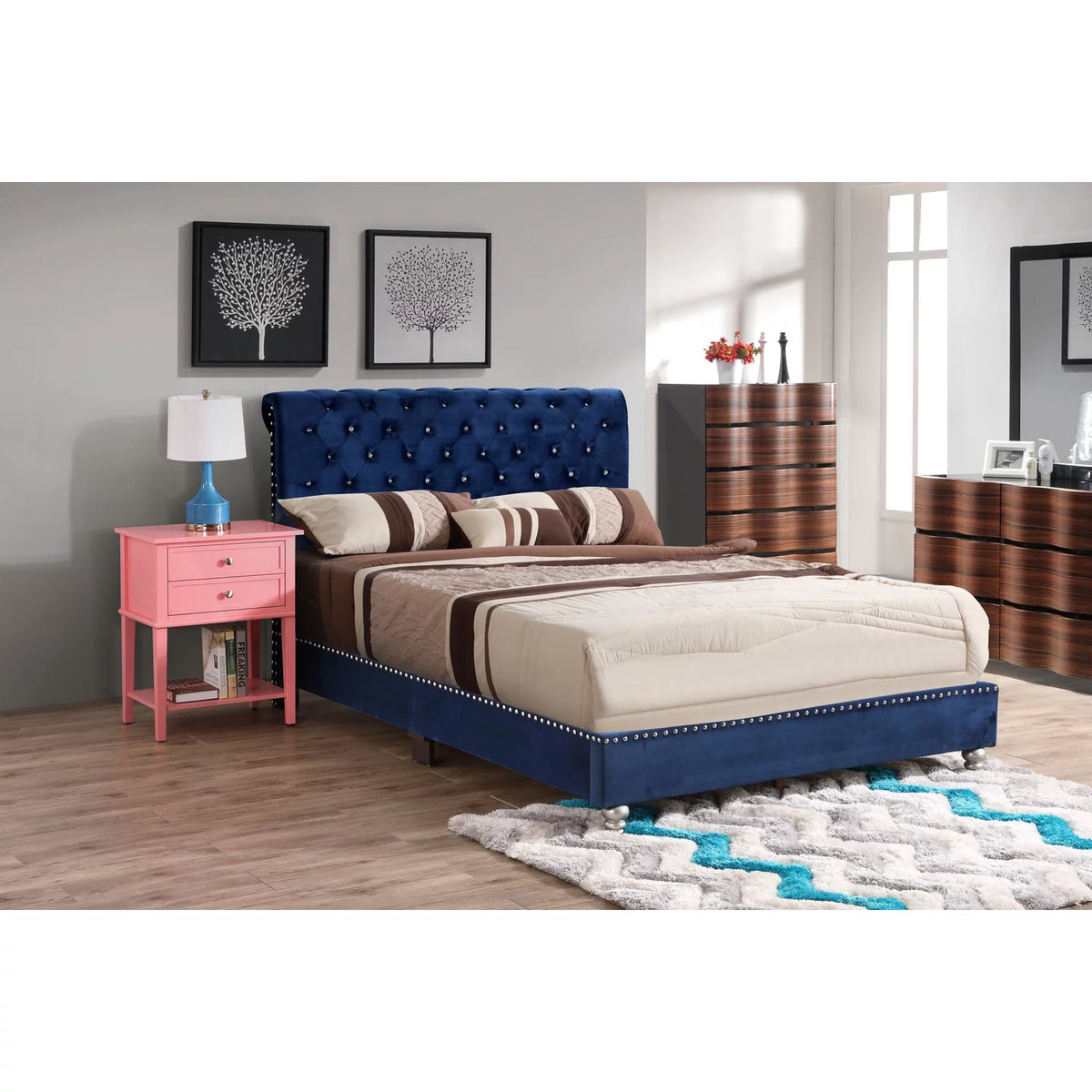 Tufted Upholstered Bed with Navy Blue Finish B640