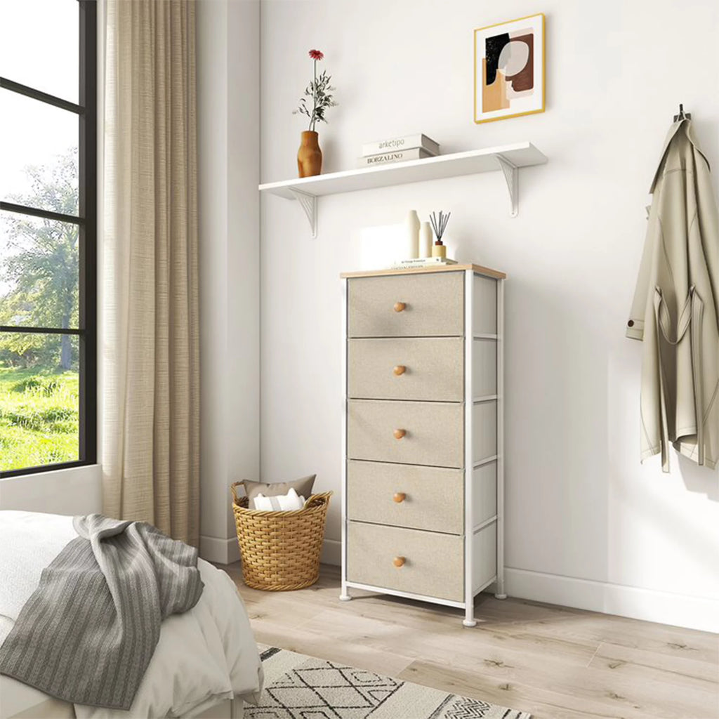 Narrow Metal Tower Dresser with 5 Fabric Drawer Bins B878