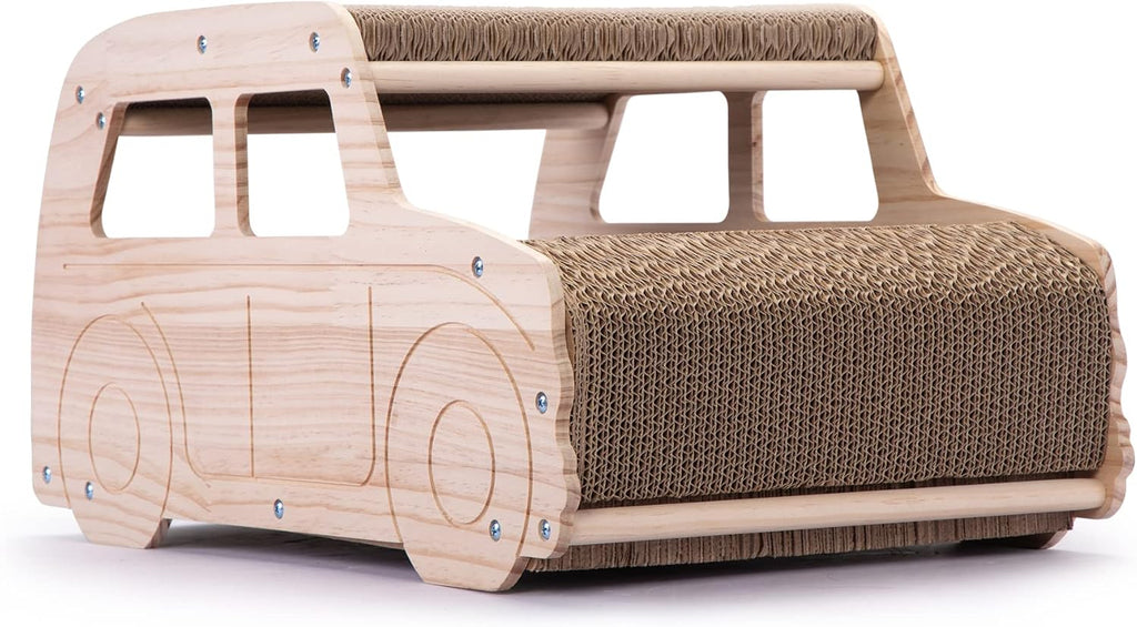 2-in-1 Wood Corrugated Cat Scratcher, Natural Pine Board, Durable Cardboard J231313