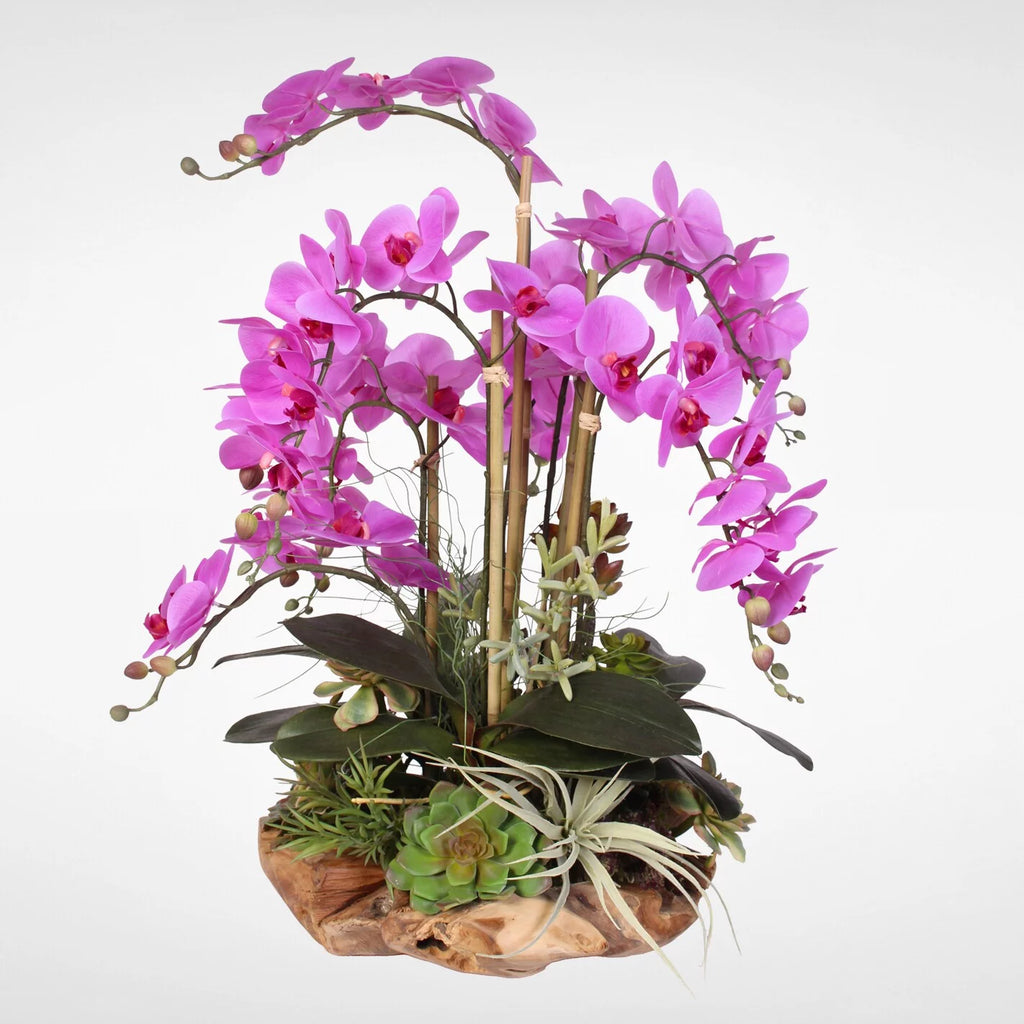 Real Touch 7-stems Silk Orchids in Natural Wood Bowl D38464