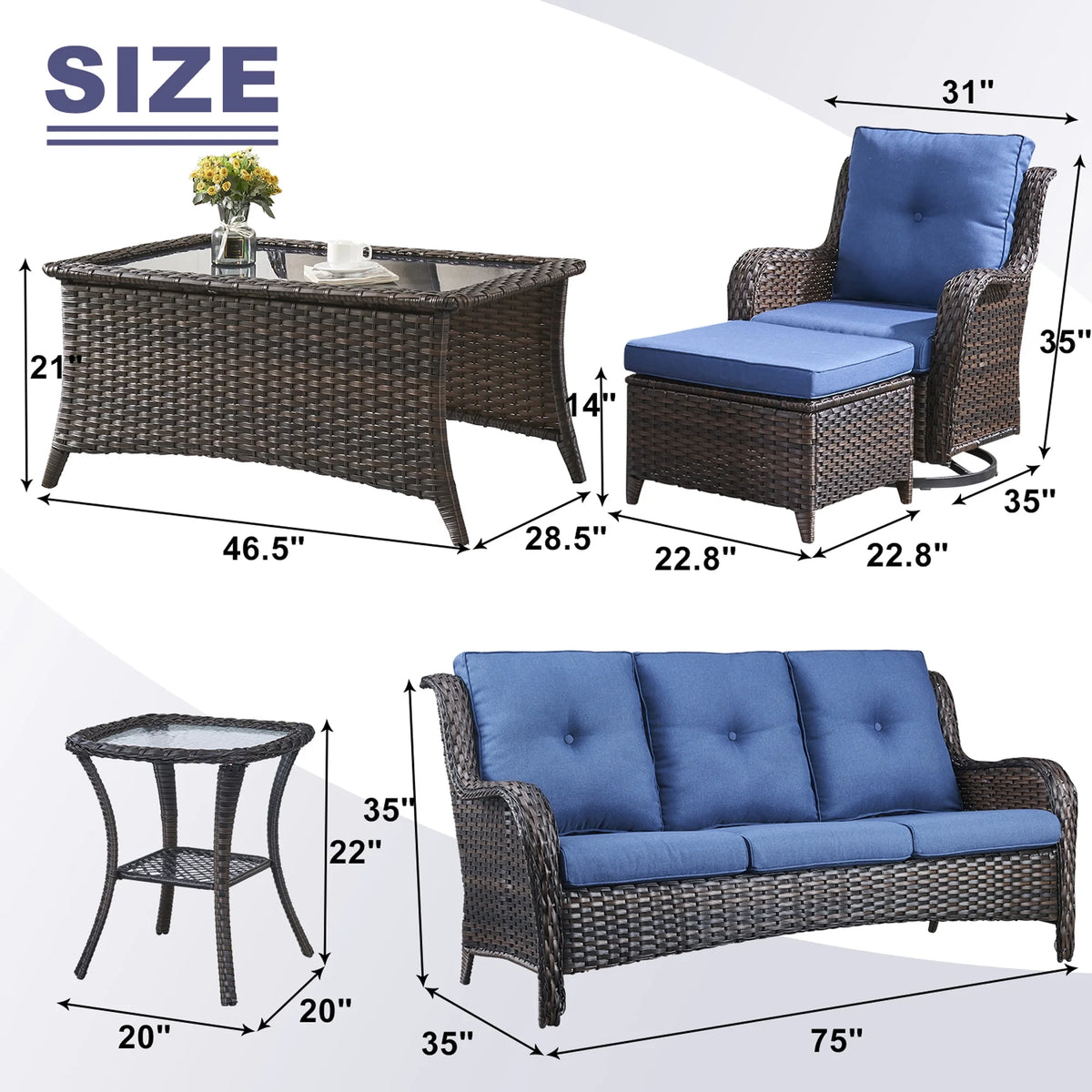 Blue 7 Pcs Outdoor Rattan Patio Furniture Set with Cushion J34636