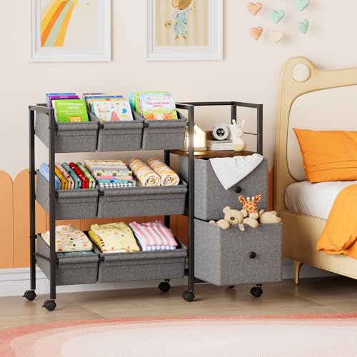Kids Toy Organizers and Storage Bins, 7 Storage Bins, 2 Fabric Drawers, 1 Bookshelf, Black M2381