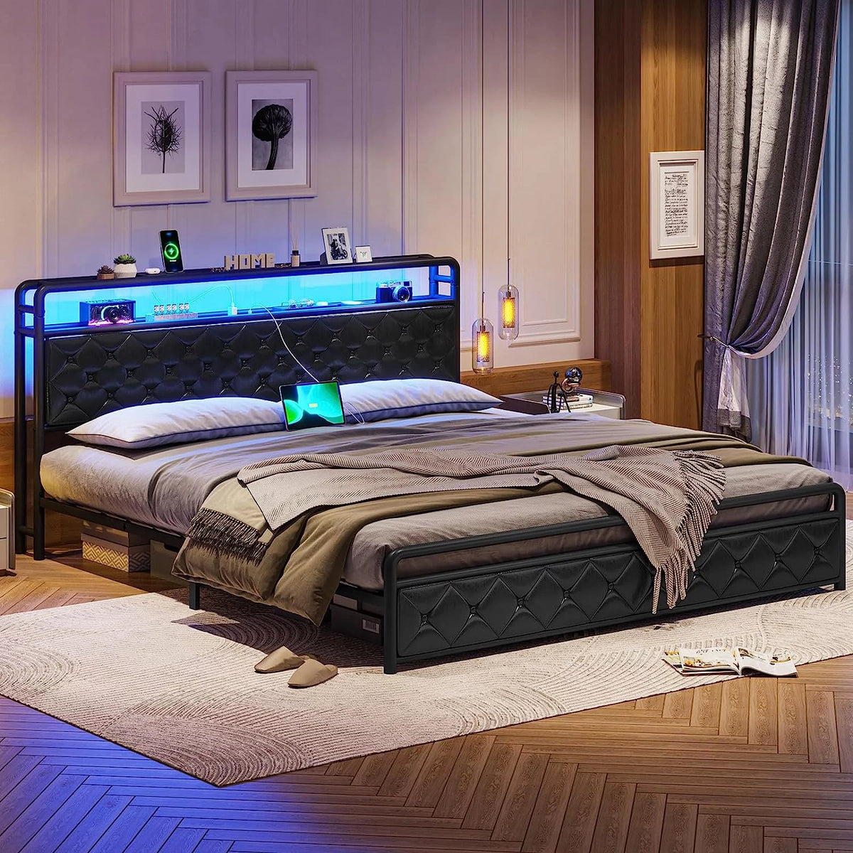 King Size Faux Leather Upholstered Platform Bed with LED Headboard K923