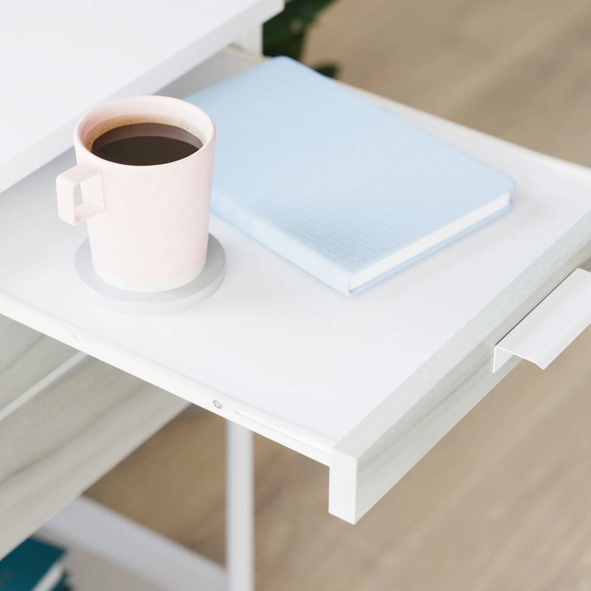 Side Table with Pull Out Tray and Drawer, White F2431