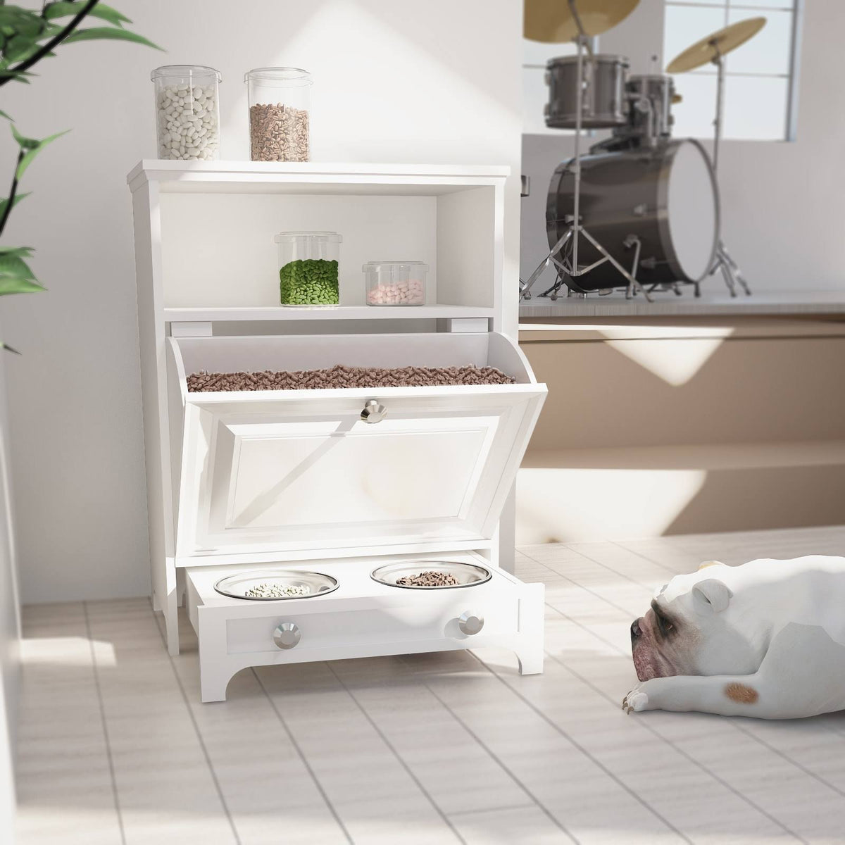 White Pet Feeding Station with Food Storage Cabinet B413520