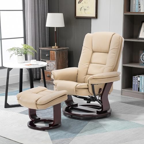 Beige Leather Swivel Recliner Chair with Ottoman J518