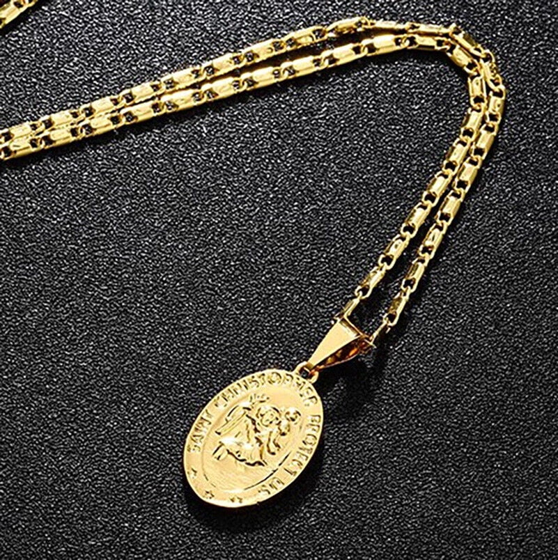 18k Gold Filled On Silver Saint Christopher Figaro Bar Chain Necklace V39236